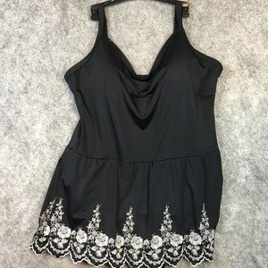 Shape FX One Piece Swimsuit 24W Swim Dress Black Floral Scallop Hem Draped Neck